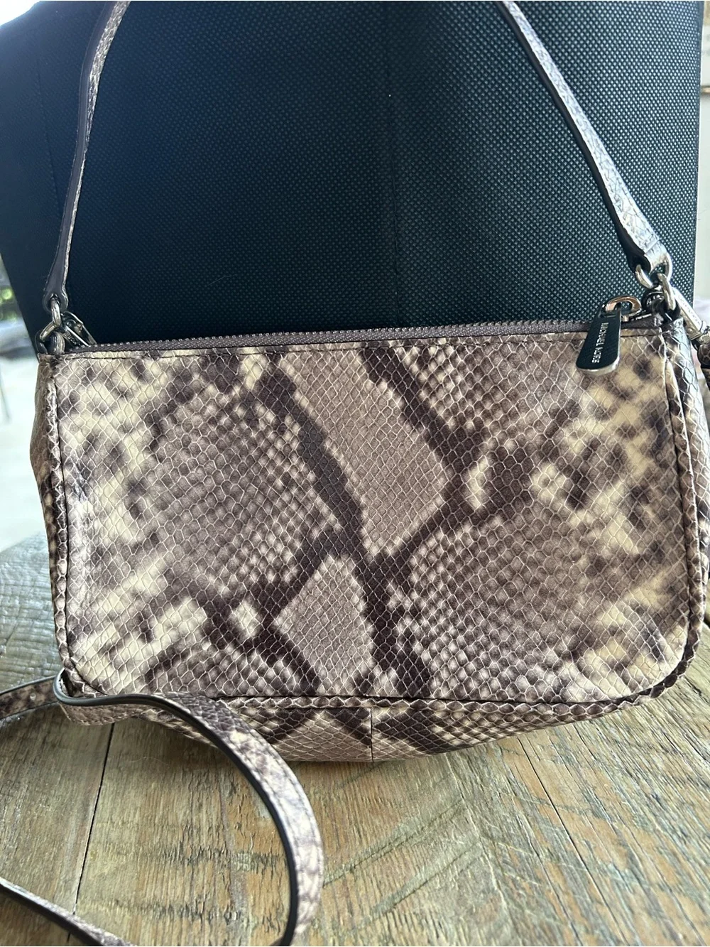 Michael Kors Taupe and Dark Brown Snake-Print Crossbody Bag